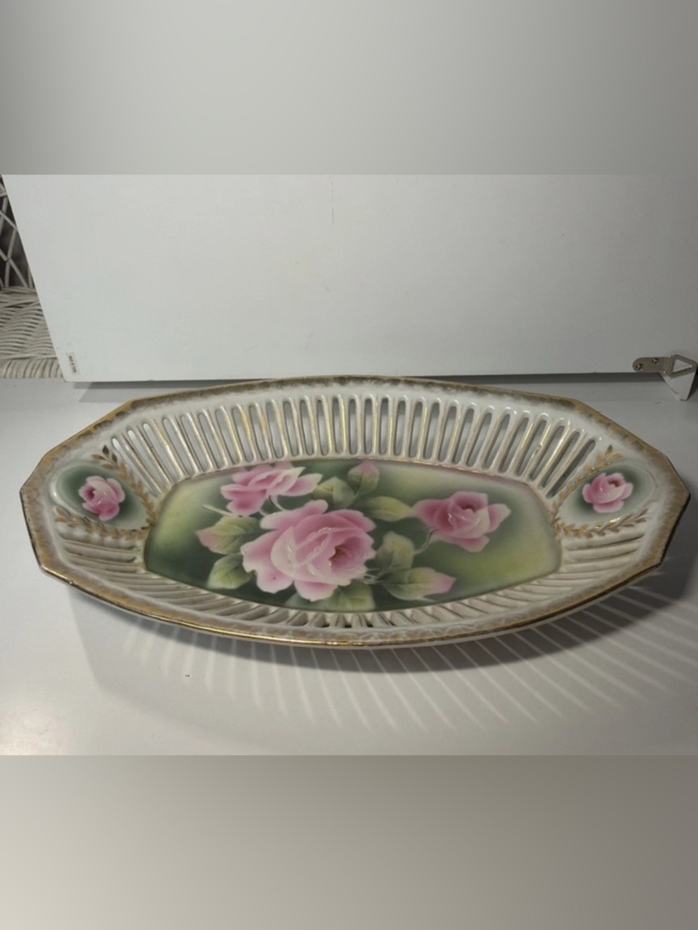 Vintage Bavaria Hand Painted Rose Reticulated Porcelain Bowl Gold Trim
